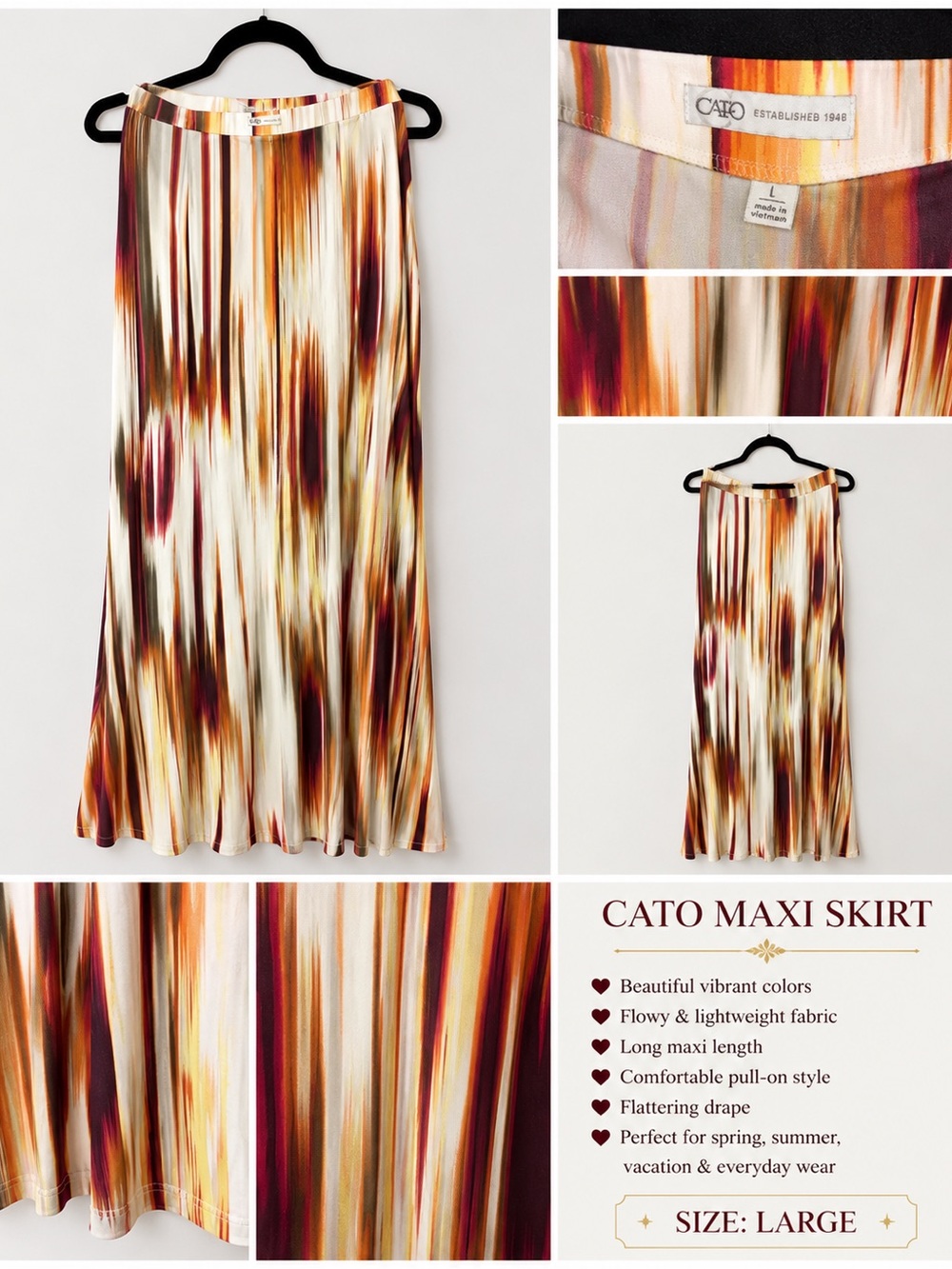CATO-Silky Vibrant Striped Maxi-Skirt in Golds, Burnt Orange & Burgundy-SIZE-LRG